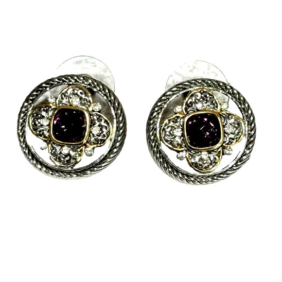 Fashion Jewelry Set Silver & Gold Necklace Pendant Pierced Earrings Purple Stone - Picture 3 of 9